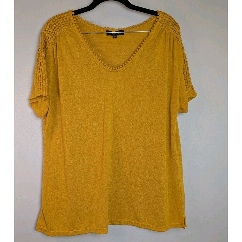 Modern Canvas Top Sz XL Gold Yellow Scalloped Lace Detail Short Sleeve Shirt